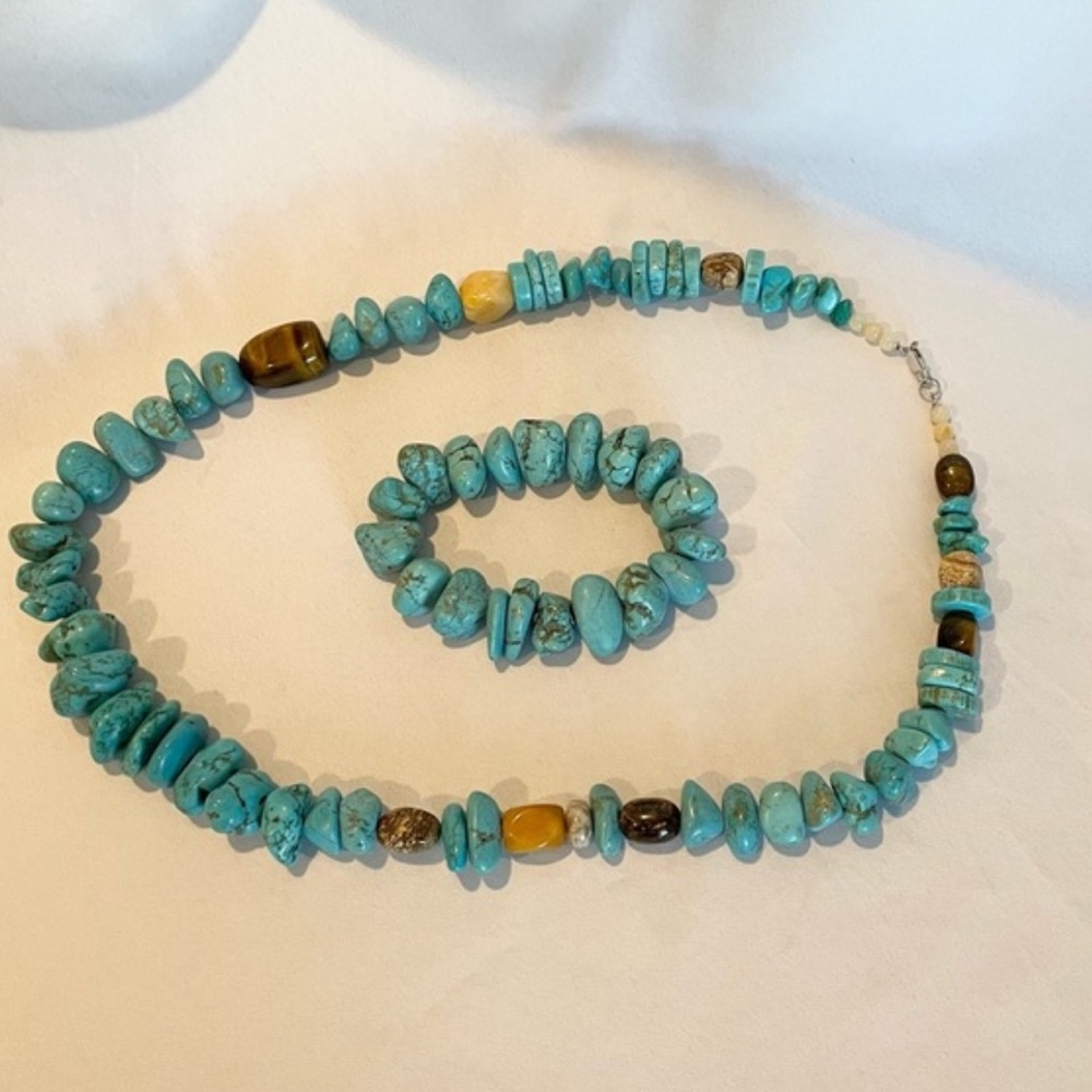 Chunky Boho Turquoise Nuggets Necklace & Bracelet Set